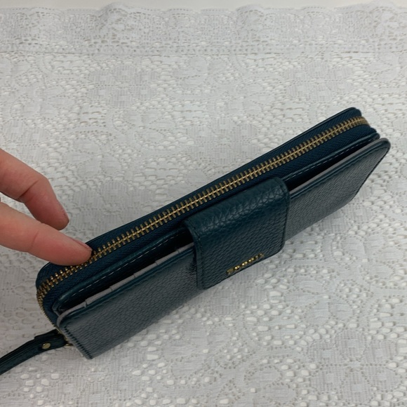 Fossil Leather Wallet Dark teal green gold zip around Pockets Cards cash coins - Picture 6 of 12